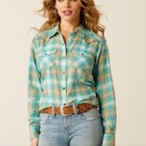 Women's Plaid Button Down Shirt - Blue and Yellow